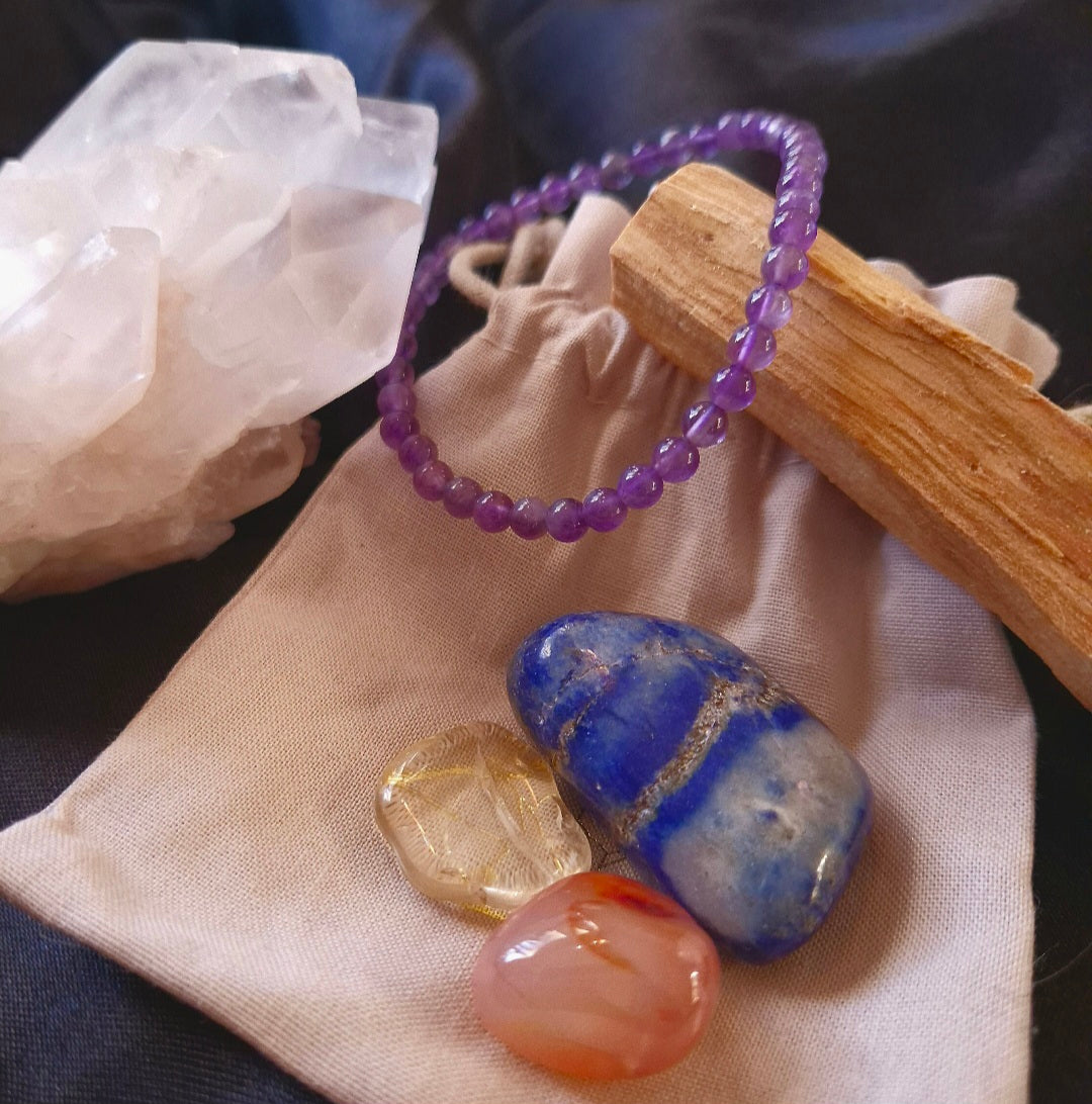 vuorikristalli lapis lazuli raakakivi pussi palo santo
