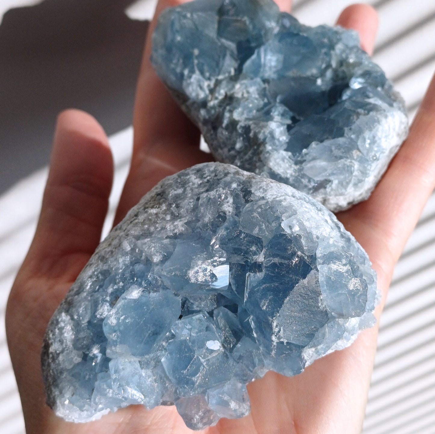 selestite rypäs raaka kivi kiiltävä selestiitti cluster aurinko kämmenellä